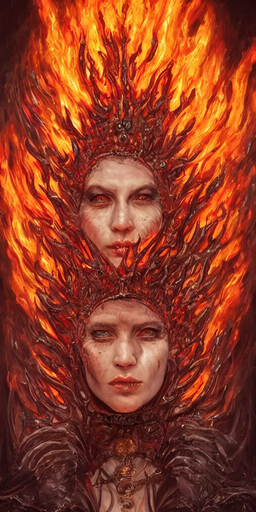 Image similar to Fantasy character portrait of distorted detailed painting of a queen woman made of fire, hyper detailed, red flames, trending on Artstation