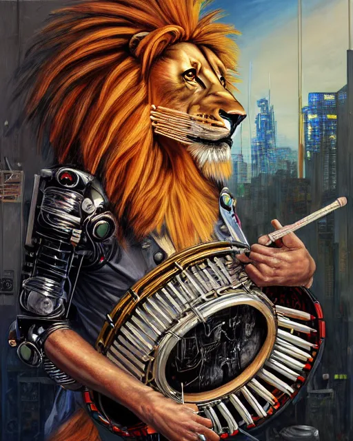 Image similar to a portrait of an anthropomorphic cyberpunk lion playing the snare drum with drumsticks by sandra chevrier, by jon foster, detailed render, tape deck, epic composition, cybernetics, 4 k realistic, cryengine, realistic shaded lighting, sharp focus, masterpiece, by enki bilal