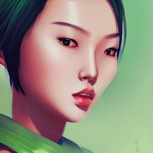 Image similar to beautiful asian woman with smooth skin and green short hair, by nick silva, ja mong, digital, trending artstation