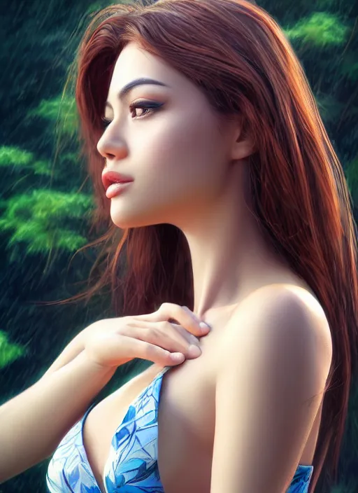 Image similar to photo of a gorgeous female in the style of stefan kostic, realistic, half body shot, sharp focus, 8 k high definition, insanely detailed, intricate, elegant, art by stanley lau and artgerm, extreme bokeh foliage