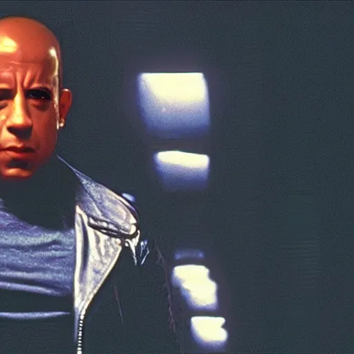 Image similar to Film still of vin diesel as The Terminator in The Terminator (1984 movie), 4k, photorealistic, a bit blurry, film grain