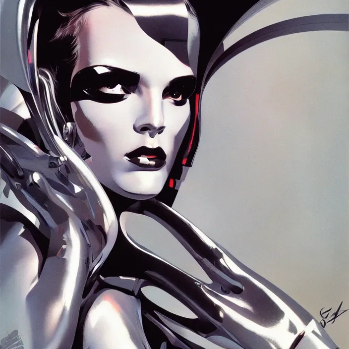 Prompt: metallic portrait of a gothic maiden, sharp focus, futuristic, ballistic, aerodynamic, feminine, cute, by syd mead