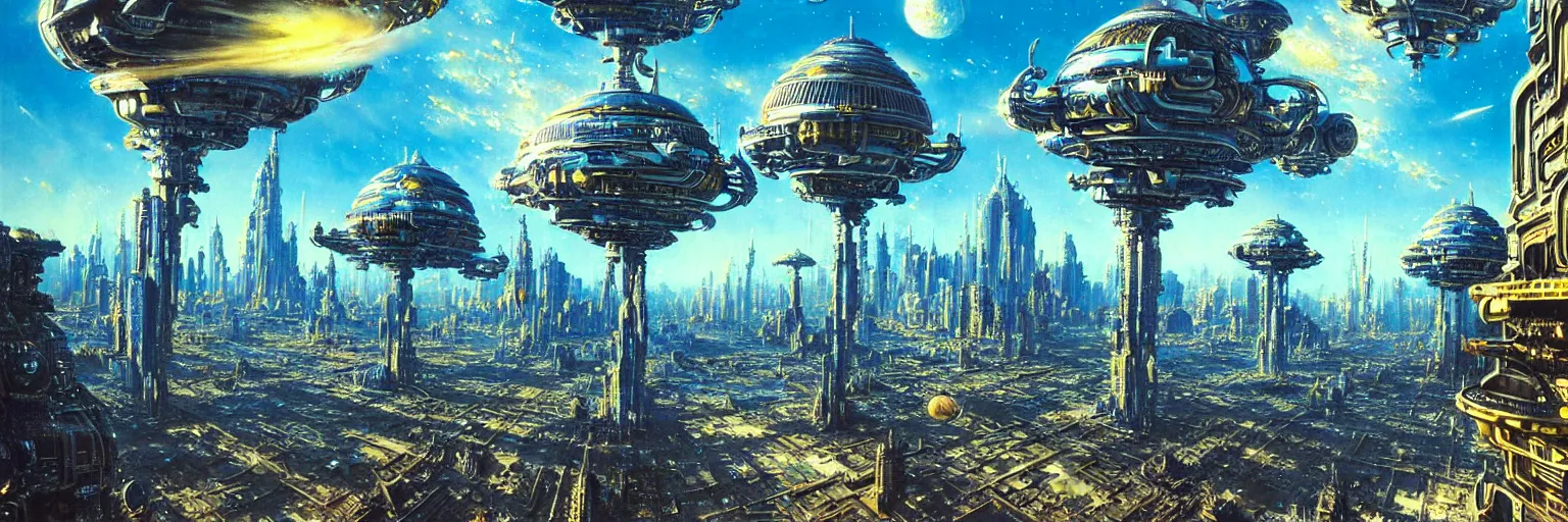 Image similar to ultra realist intricate detailed painting of an alien world with buildings, blue sky, very intricate details, bokeh focus, 8 k render, artstyle chris foss and john berkey, award winning