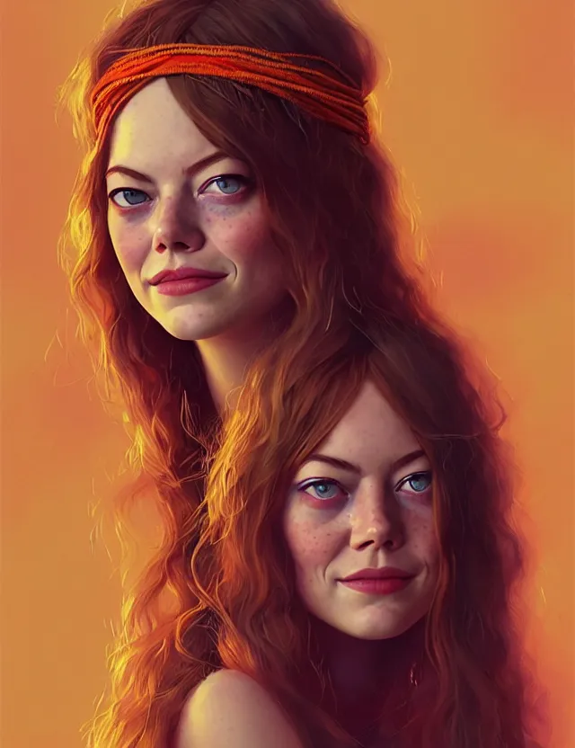 Image similar to portrait of young emma stone wearing boho clothing, hippie, long hair, groovy hairband, bangs, intricate, smooth, groovy lighting, highly detailed, digital painting, artstation, concept art, smooth, sharp focus, illustration, art by wlop, mars ravelo and greg rutkowski