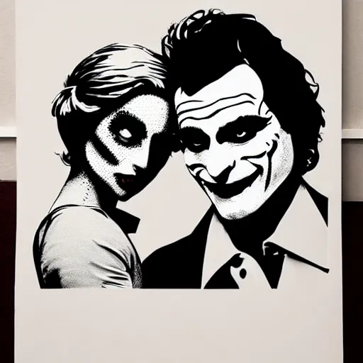 Image similar to mimmo rottela and banksy as joaquin phoenix skinny joker holding hand lady gaga harley queen, ultra realistic, intricate details, pop art style, concept art, 3 colors, 4 k, smooth, sharp focus