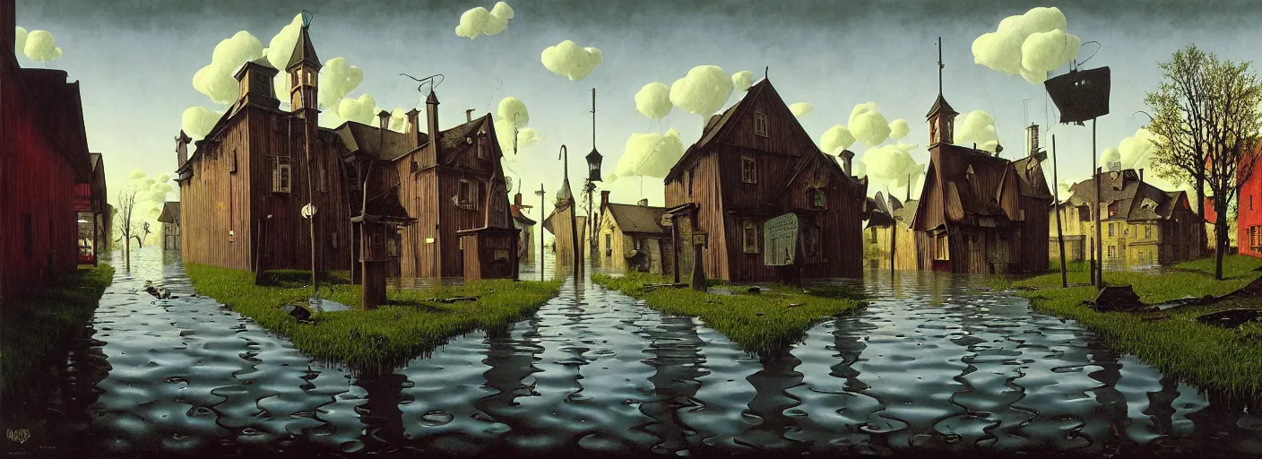 Image similar to flooded! old dark scary wooden empty cursed town street entrance, very coherent and colorful high contrast masterpiece by gediminas pranckevicius rene magritte norman rockwell franz sedlacek, full - length view, dark shadows, sunny day, hard lighting, reference sheet white background