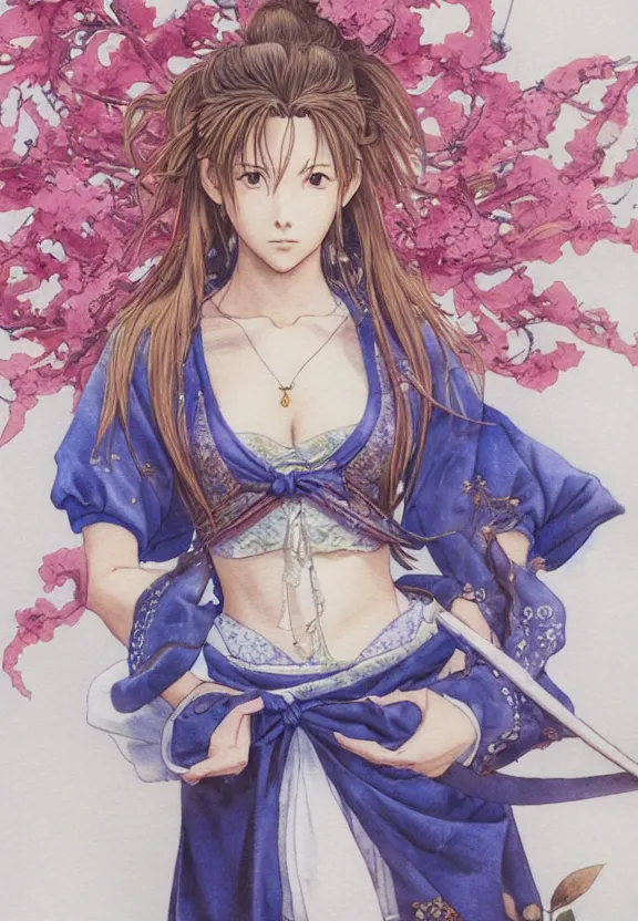 Image similar to a full-body watercolor painting of Aerith Gainsborough by Yoshitaka Amano, ukiyo-e, nouveau, concept art, 80's fantasy art, highly detailed, intricate, trending on artstation, award-winning