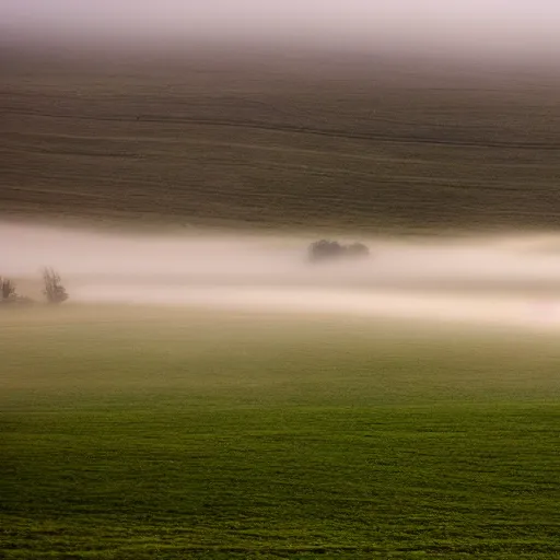 Image similar to open field of teeth, rolling hills, mist, valley, downhill