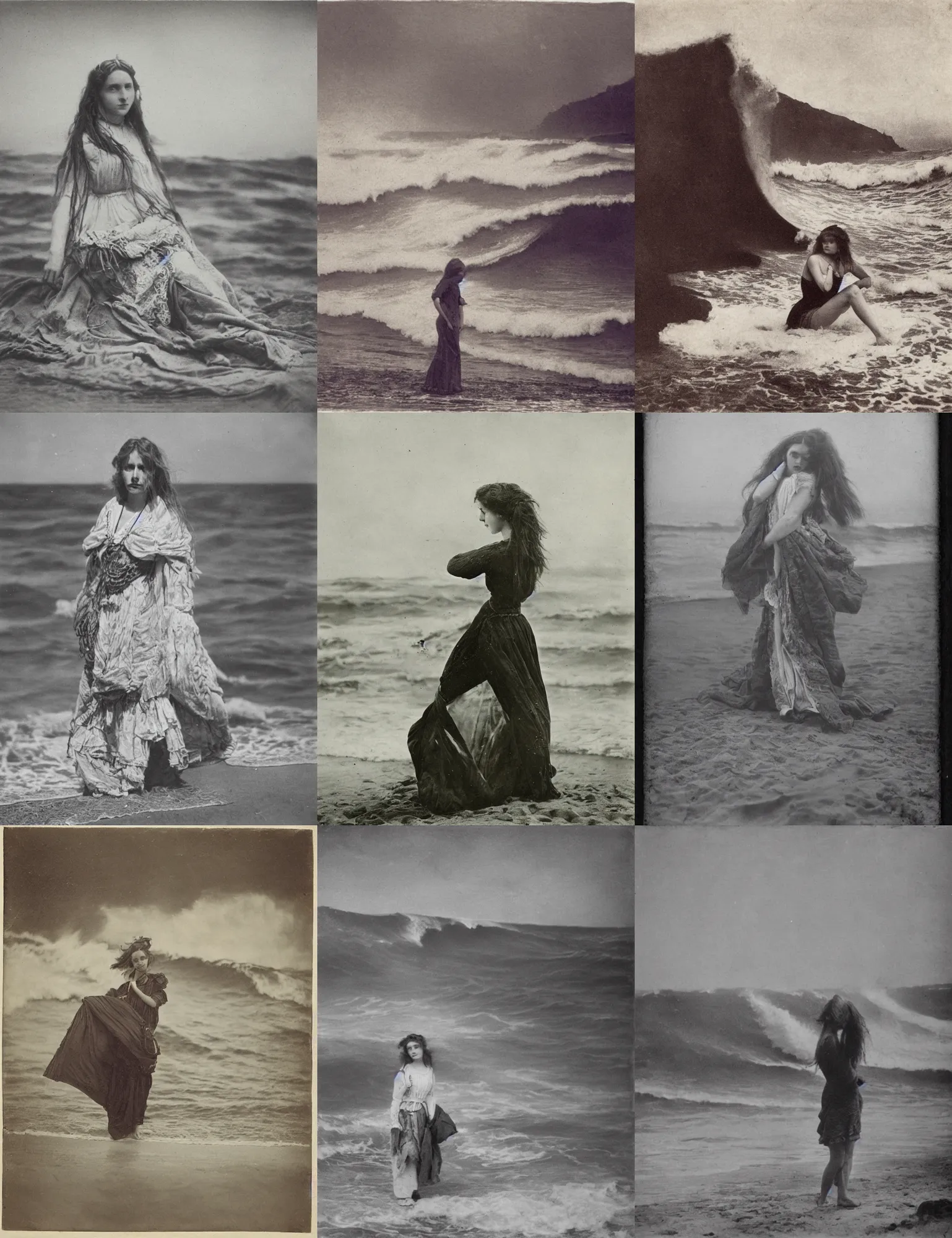 Prompt: artistic portrait photo of pretty hippie girl on the evening beach, big wave 1890s