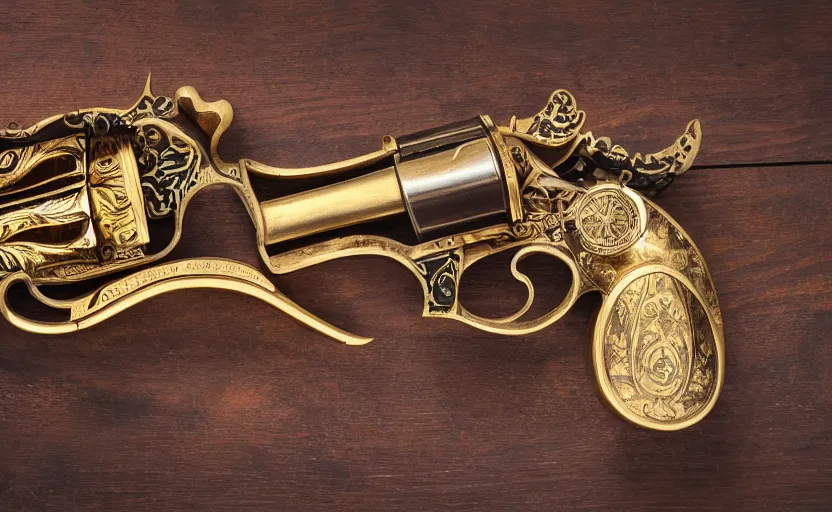 Image similar to golden revolver with engravings laying on a wooden table, complex, high detail