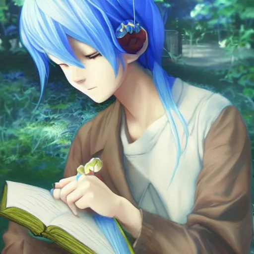 Prompt: a fairy with blue hair sitting on a mushroom while reading a book, by makoto shinkai artgerm ilya kuvshinov, anime style, anime concept art, dynamic lighting, highly detailed