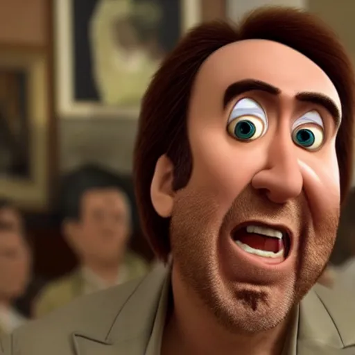 Prompt: Nicolas Cage as a pixar villain, hyper realistic head, animation Pixar (2018)