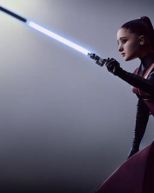 Image similar to Award winning, beautiful photo of Ariana Grande as a Sith lord igniting her light saber, Star Wars concept art by Colin Cantwell, Dramatic Lighting, Cinematic Lighting, Artstation, volumetric fog, action photography, hyper-realistic, 8K resolution, 4K resolution