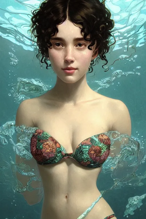 Image similar to beautiful cottagecore of a girl with short black curly hair, round face, cute face, wearing a bikini. Underwater. intricate, elegant. highly detailed, digital painting, artstation, concept art, smooth, sharp, focus, illustration. art by artgerm and greg rutkowski alphonse mucha and Marat Safin