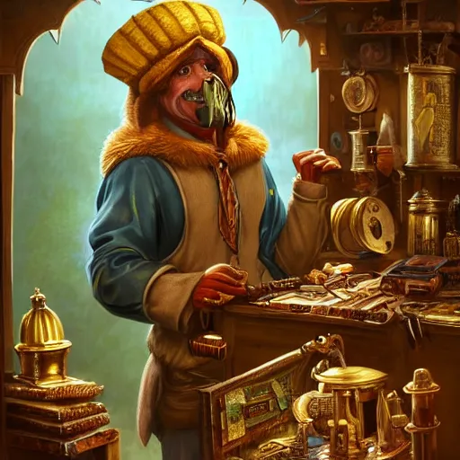 Image similar to a Anthropomorphized parrot trader in his shop, selling his wares, portrait, items, gold, carpet, window, presenting wares, holding a gold bag, D&D, fantasy, cinematic lighting, highly detailed, digital painting, artstation, concept art, smooth, sharp focus, illustration, warm light, cozy warm tint, magic the gathering artwork, volumetric lighting, 8k, art by Akihiko Yoshida, Greg Rutkowski