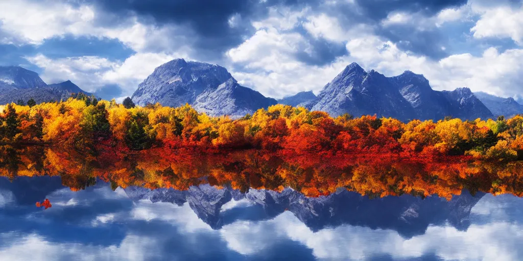 Image similar to peaceful clouds, mountain range, lake, autumn, colorful leaves, epic, matte painting, concept art, 4k