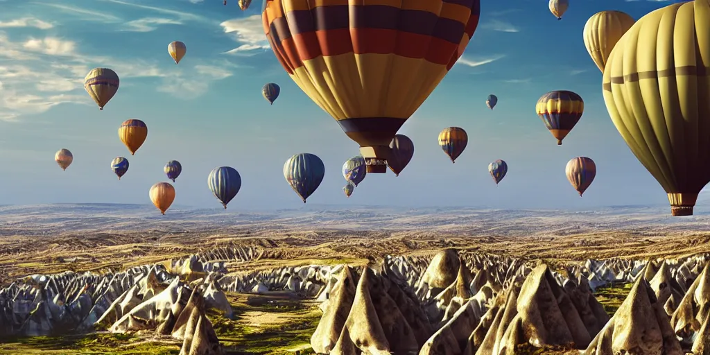 Image similar to Lively landscape of a cappadocia with balloons in the sky, realistic detailed digital art by Maxwell Boas Jessica Rossier Christian Dimitrov Anton Fadeev trending on Artstation CGSociety rendered in Unreal Engine 4k HQ