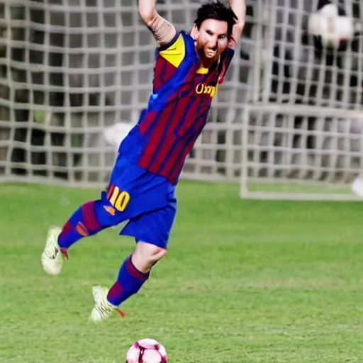 Prompt: Leo Messi kicks a coconut up the tree