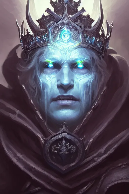 Image similar to highly detailed portrait of an elegant undead lich king, ornate crown, beautiful symmetrical face, glowing skin, digital painting, artstation, concept art, smooth, clear focus, illustration, greg rutkowski, artgerm, global lighting, detailed and fantasy