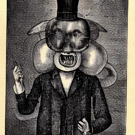 Image similar to Hieronymus Bosch creature wearing a suit and top hat