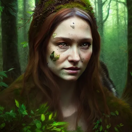 Image similar to a female woodland druid surrounded by forest animals, in the woods, hyper realistic, digital painting, photorealistic, in the style of greg rutkowski, detailed face