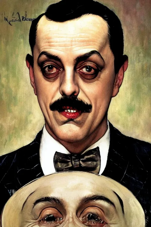 Image similar to portrait of gomez addams from the addams family painted by norman rockwell