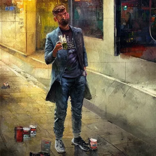 Image similar to a realistic hyperdetailed multi - colored digital oil full body portrait painting of a man playing on a playstation 5 outside at a restaurant, beer in hand, in the style of guy denning, ruan jia, and craig mullins. trending on artstation and deviantart. cgsociety digital art.