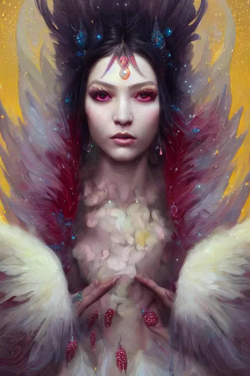 Prompt: beautiful princess with face covered with red crystals wearing frost feathers, diamonds, angel, fantasy, yellow background beam, dramatic lighting, highly detailed, digital painting, magic the gathering, 3 d render, hyper realistic detailed portrait, peter mohrbacher, wlop, ruan jia