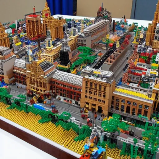 Prompt: large city lego set built entirely out of legos, very intricate and detailed, photorealistic