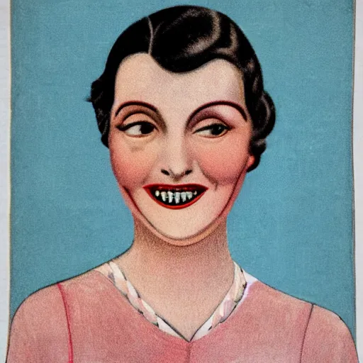 Prompt: a 1 9 2 8 color drawing portrait. calm, happy, healthy, smiling, sporty parisienne la couture in simple slender wear with beautiful smile and healthy teeth. realistic, high quality.
