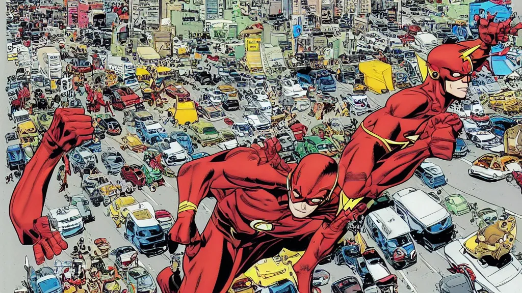 Image similar to marvel comics character The Flash driving a convertible and stuck in a traffic jam by Geof Darrow