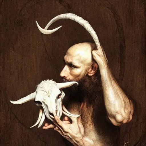 Image similar to man with goat horns holding an animal skull, style of da vinci, fantasy illustration, by greg rutkowski