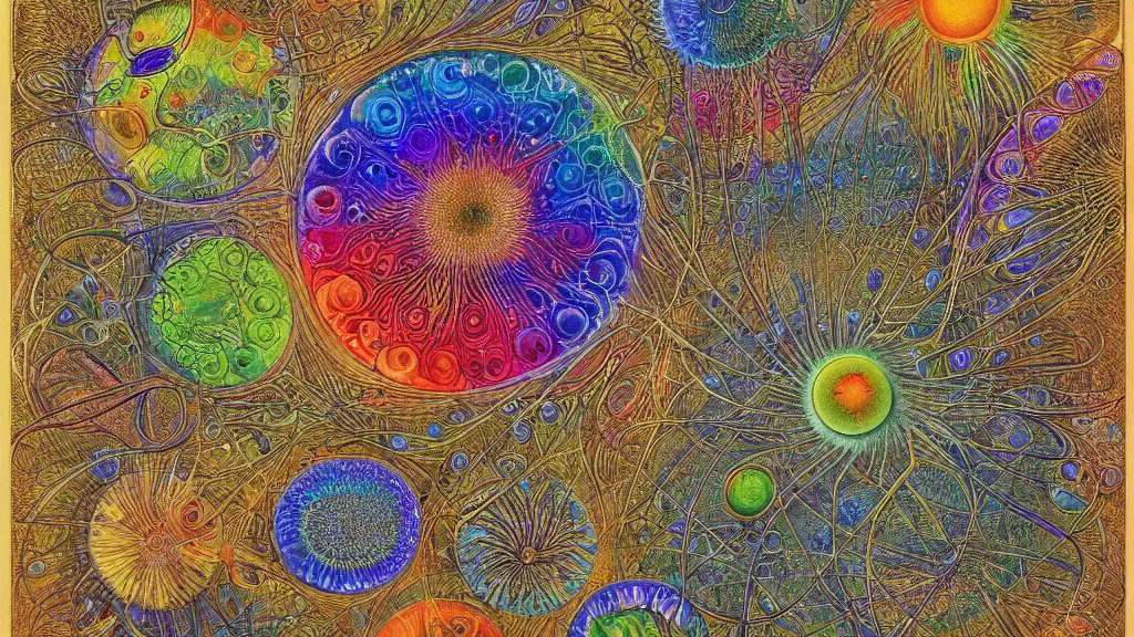 Image similar to quantum connections represented as symbiotic organisms like cells playing around with colorful lights by ernst haeckel, prismatic view