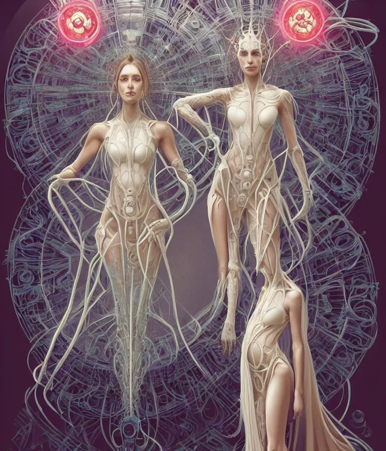 Image similar to fully symmetrical centered portrait of a beautiful princess in robe. artificial muscles, ribcage, bones, hard surface modelling. cyberpunk look. biomechanical mask. bio luminescent biomechanical halo around head. jellyfish. artwork by jarold Sng by artgerm, by Eddie Mendoza, by Peter mohrbacher by tooth wu by alfons mucha, unreal engine, octane render, cinematic light, iridescent details, iridescent colors, dichroic, macro, depth of field, blur