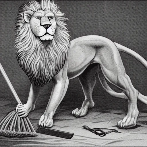 Prompt: photo of a lion beast-man cleaning his room, very detailed, intricantely detailed, psychologist, 55mm photography.