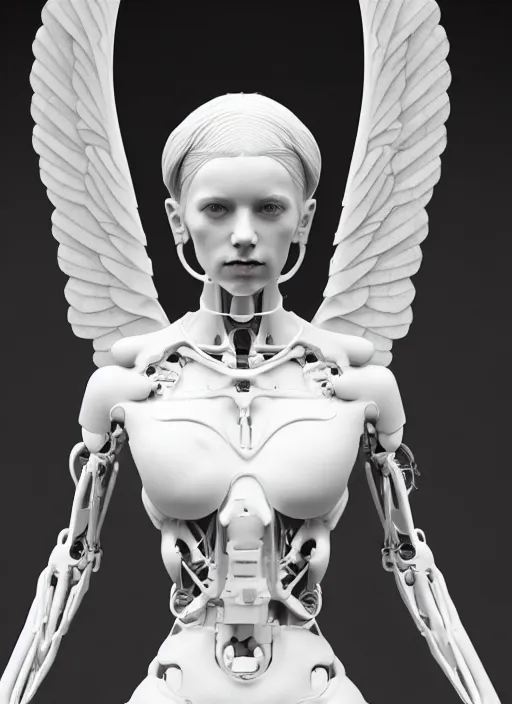 Image similar to a bloody statue made of white marble, of an gorgeous futuristic cybernetic angel girl, prostheses, transhumanism, full body shot, perfect symmetrical body, perfect symmetrical face, hyper realistic, hyper detailed, by johannen voss, by peter kemp, by monia merlo, by michelangelo, octane render, blender, 8 k