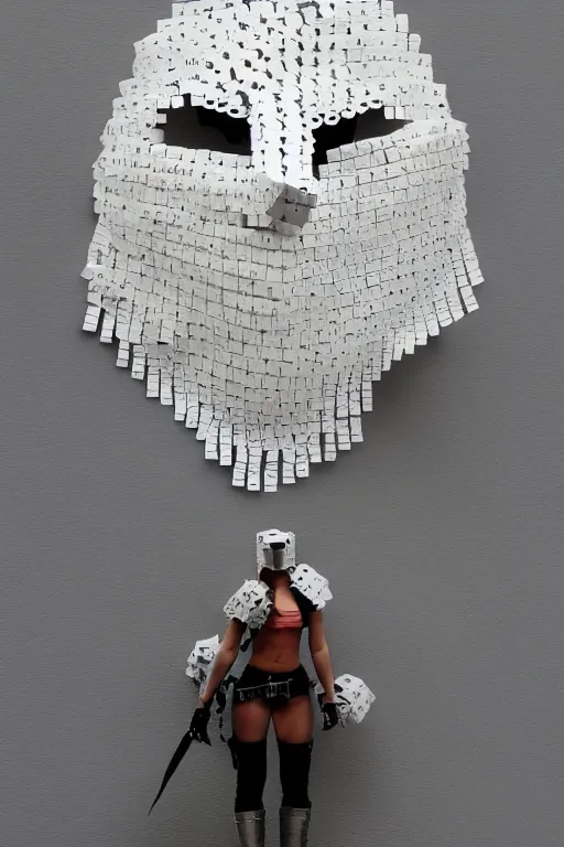 Prompt: female adventurer in tight full - body sticky note chainmail - style armor made out of several hundred sticky notes and a white porcelain crow mask, trending in artstation, japanese, artstation, establishing shot