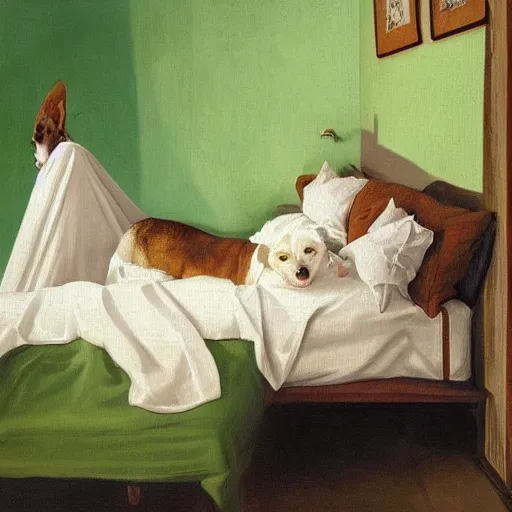 Prompt: white bed with green bedsheets in a room with light green walls, two women try to sleep while an anxious chihuahua looms above them, detailed oil painting