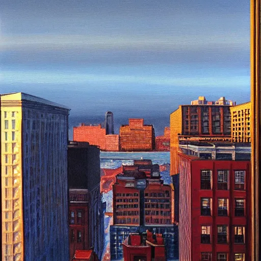 Image similar to full color ultra realistic painting of a balcony view of 1 9 2 5 boston downtown at night, the sky is distorted and broken like a smashed mirror, dark, brooding, night, atmospheric, ultra - realistic, smooth, highly detailed