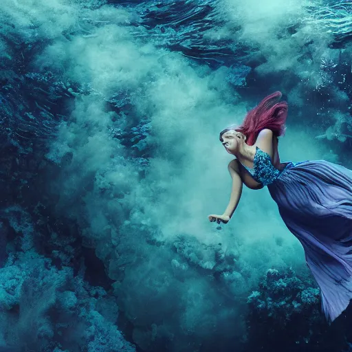 Image similar to woman dancing underwater wearing a flowing dress made of blue and magenta seaweed, delicate coral sea bottom, swirling silver fish, swirling smoke shapes, octane render, caustics lighting from above, cinematic