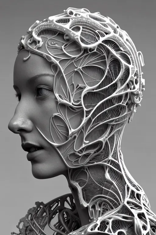 Prompt: bw 3 d render, hyper detailed, stunning beautiful biomechanical albino female cyborg with a porcelain profile face, angelic, beautiful natural soft rim light, big leaves and stems, roots, fine foliage lace, alexander mcqueen, art nouveau fashion embroidered, steampunk, silver filigree details, hexagonal mesh wire, mandelbrot fractal, elegant, 1 9 3 0