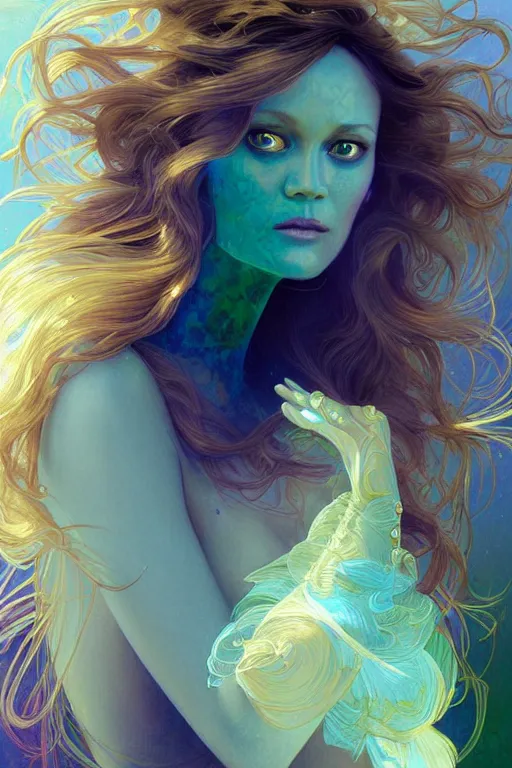 Image similar to portrait of vanessa paradis, fantasy, gradient white blue green, dreamy and ethereal, blue eyes, golden ratio, peaceful expression, ornate frilly dress, fantasy, intricate, elegant, rainbow bubbles, highly detailed, digital painting, artstation, concept art, smooth, b sharp focus, illustration, art by artgerm and greg rutkowski and alphonse mucha