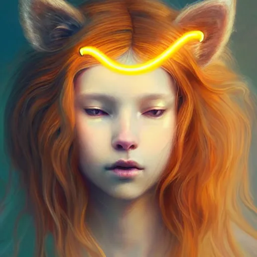 Prompt: Portrait of a girl angel with pale orange colored frizzy strands of illuminated hair, cat ears on her head, glowing halo, Lion's Mane, Lion's Gate, fantasy, intricate, elegant, highly detailed, digital painting, artstation, concept art, smooth, sharp focus, illustration, art by Krenz Cushart and Artem Demura and alphonse mucha