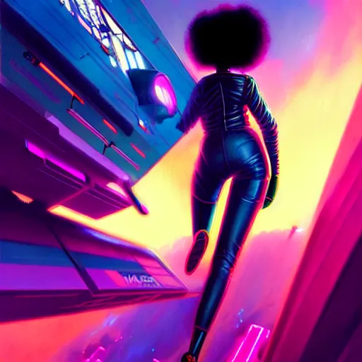Image similar to a black girl flying through the synthwave city with a rocketpack in a cyberpunk style by greg rutkowski and android jones, oil on canvas
