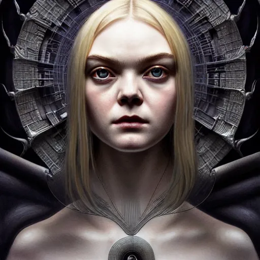 Prompt: symmetry!! portrait of elle fanning in prey in the world of h. r. giger, horror, fashion, dark!! intricate, elegant, highly detailed, digital painting, artstation, concept art, smooth, sharp focus, illustration, art by artgerm and greg rutkowski and alphonse mucha