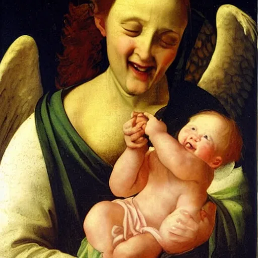 Prompt: an angel, smiling, about to eat a baby, renaissance oil painting