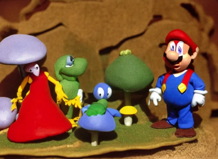 Image similar to still from a 1 9 8 5 live - action stop - motion puppetry tv show by tim burton starring the mario bros. and bowser and princess toadstool and toad and mario's enemies in dioramas of the mushroom kingdom. everything is made of plasticine, fabric, and physical materials. photographic ; cute ; highly - detailed.