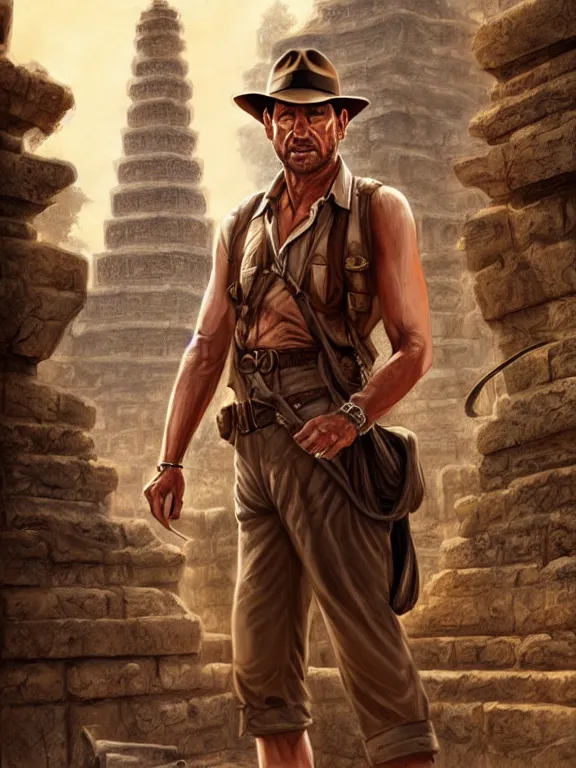 Image similar to indiana jones standing in front of an ancient temple, digital painting, extremely detailed, 4 k, intricate, artgerm, by stanley lau