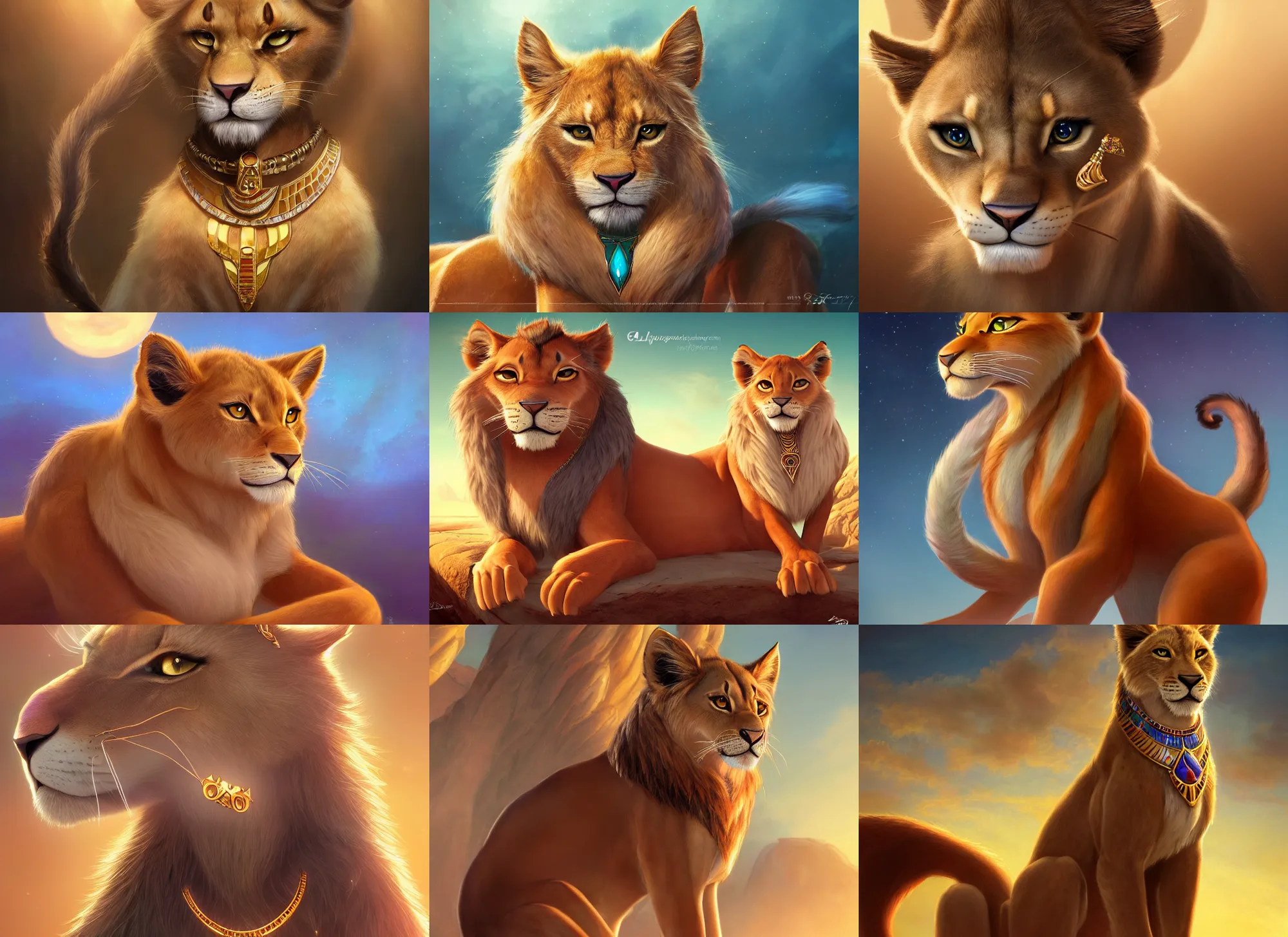 Prompt: fullbody beautiful detailed character design of a feral feline wearing egyptian necklace, egyptian jewelry. deviantart lioness adoptable, character concept artwork professional, portrait studio lighting by artgerm, jessica rossier in the style of disney, zootopia, the lion king, artstation deviantart