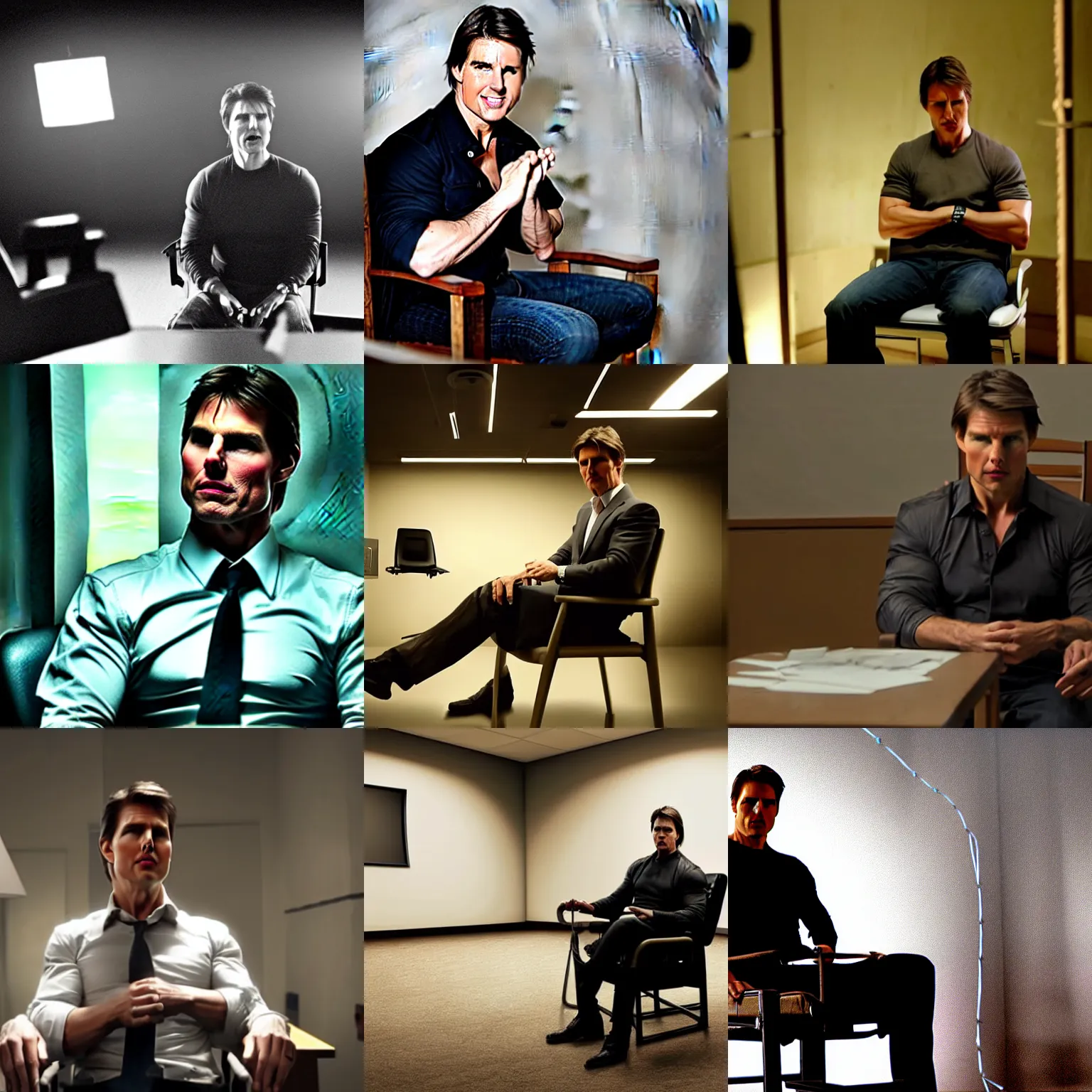 Prompt: photo of tom cruise sitting in a chair, being interrogated in a dimly lit room, lie detector test, hands tied together, dynamic lighting, cinematic still,